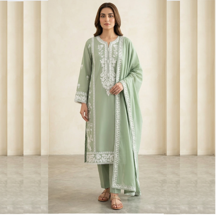 3-Piece Cotton Suit with Embroidered Chiffon Dupatta