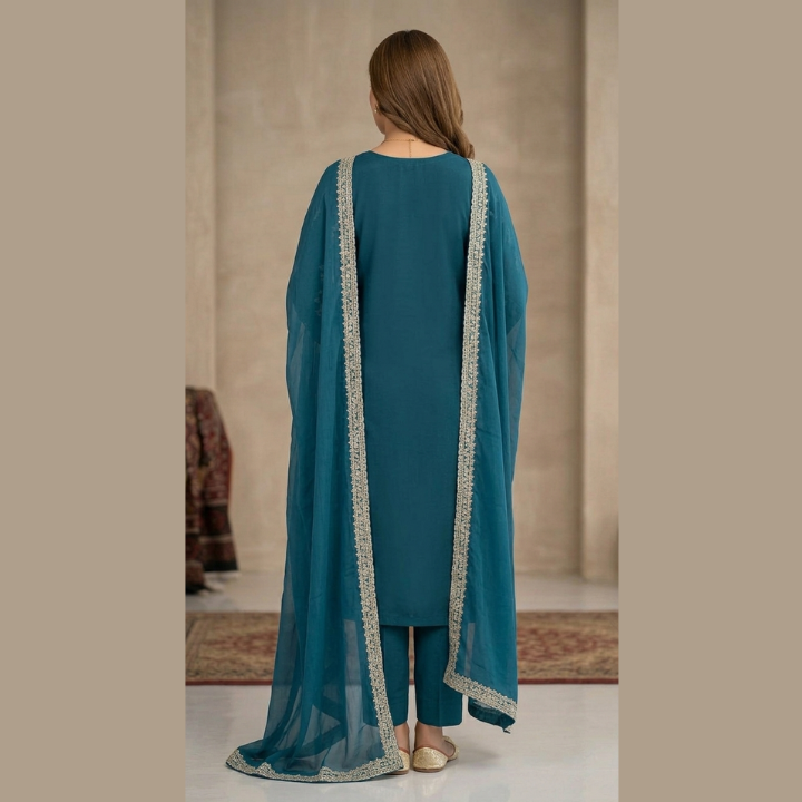 Teal Embroidered 3-Piece Suit with Dupatta
