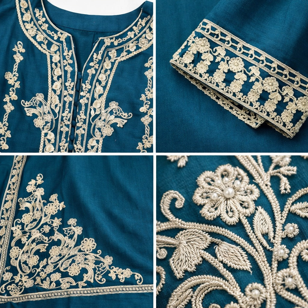 Teal Embroidered 3-Piece Suit with Dupatta